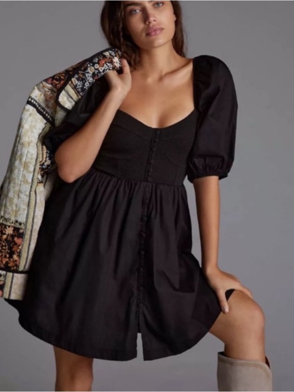 Maeve by Anthropologie Black Mini Dress – Puff Sleeve Button Front – Size S